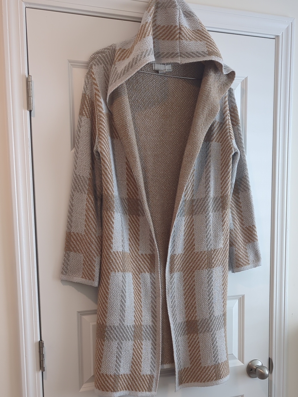 By Design Hooded Open-Front Plaid Knit Cardigan - Beige & Light Gray P2P 30 L40